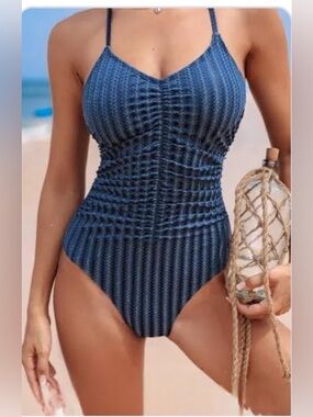 Cupshe M Blue Velvet Striped Swimsuit Silver Lace Up Back Tummy Control